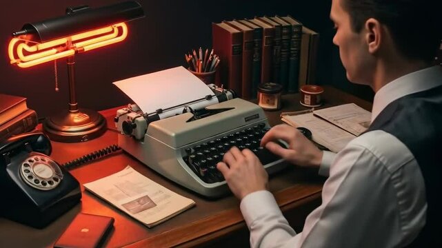 A vintage writer engaged in the of typing on a classic typewriter at a cozy desk with warm lighting and nostalgic decor