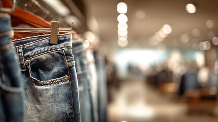 Casual jeans on a hanger placed on one side, clothing store background blurred, empty side for text 