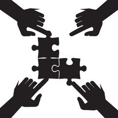 Fototapeta premium Black silhouette hands connecting puzzle pieces jigsaw connection