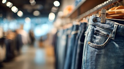 Casual jeans on a hanger placed on one side, clothing store background blurred, empty side for text 