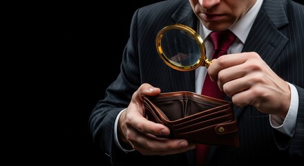 Financial Scrutiny: A sharply dressed person intensely examines an empty wallet with a magnifying glass, symbolizing financial struggles and the need for close examination. 