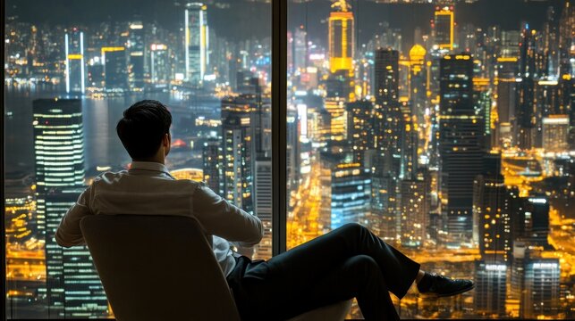 Businessman relaxes in high-rise window seat, city lights view