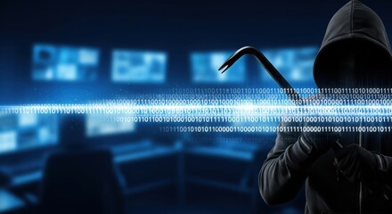 Digital Intrusion: A cloaked figure brandishing a crowbar stands as a symbol of digital intrusion and cybercrime.