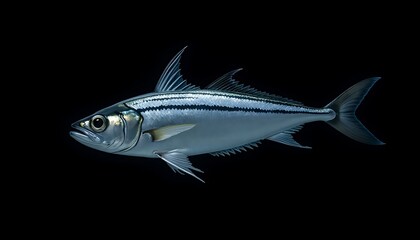 Obraz premium Isolated Mackerel Scad Fish Swimming in Dark Water with Silver Scales
