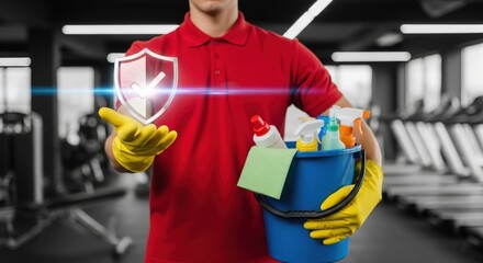 Gym Cleaning Guard: A professional cleaner, arms raised, demonstrates security, hygiene, and the use of effective sanitation measures to ensure gym safety and cleanliness.