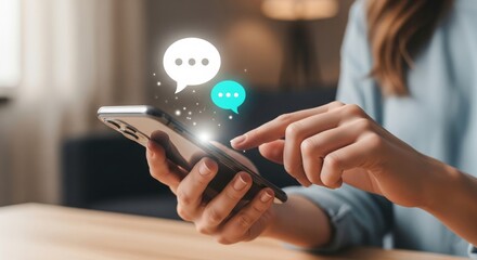 Digital Dialog: A close-up shot shows a woman's hands delicately engaging with a smartphone, digital conversation bubbles elegantly rise from the phone's display, symbolizing modern connection. 