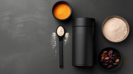 Protein powder and supplements elegantly displayed against a textured dark background, offering a minimalist yet informative aesthetic.
