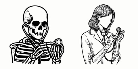 A Skeleton as Doctor checking stethoscope with seriousness. Career Job Profession Occupation Employment Work Clipart Line Art Vector Illustration. Skeletal medic using listening device.