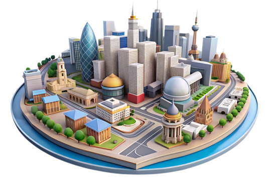 Miniature city skyline with diverse architecture and greenery isolated on a transparent background