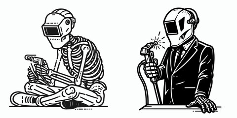 A Skeleton as Engineer welding with protective posture. Career Job Profession Occupation Employment Work Clipart Line Art Vector Illustration. Skeletal constructor doing fabrication task.