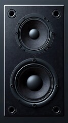 A vertical black speaker with two drivers and a textured surface