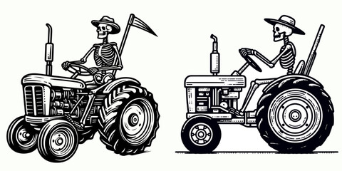 A Skeleton as Farmer driving tractor skillfully. Career Job Profession Occupation Employment Work Clipart Line Art Vector Illustration. Bony rancher piloting farm vehicle with talent.