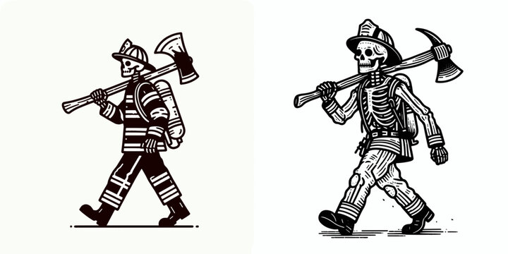 A Skeleton as Firefighter carrying axe determinedly. Career Job Profession Occupation Employment Work Clipart Line Art Vector Illustration. Bony figure fire rescuer holding hatchet.