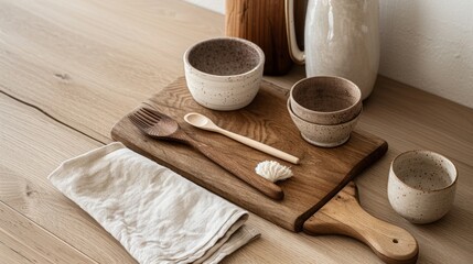 Elegant kitchenware composition showcasing rustic wooden board, ceramic bowls, wooden cutlery, linen napkin and natural light on warm wooden table