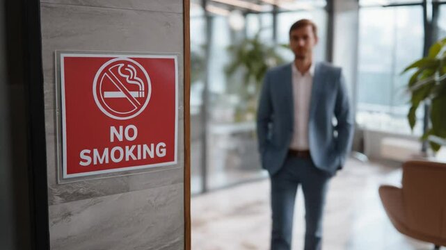 No Smoking Zone: A modern office setting showcases a clear "No Smoking" sign, set against a backdrop featuring a man in a suit and subtle office plants, signaling a commitment to health and policy.