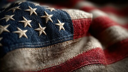 Waving fabric representation of the American flag with vivid colors and detailed stitching on a textured surface