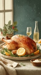 Holiday roasted turkey garnished with lemon and herbs on a festive dining table