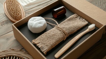 Eco-Friendly Self-Care Kit Displayed in Cardboard Box on Wooden Surface, Emphasizing Sustainability and Natural Wellness Items with Minimalist Aesthetic Appeal