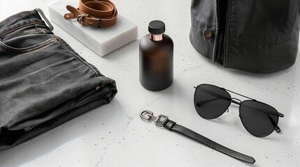 Stylish men's fashion layout featuring folded jeans, a leather belt, cologne, a jacket, sunglasses, and a strap showcasing modern masculine elegance.