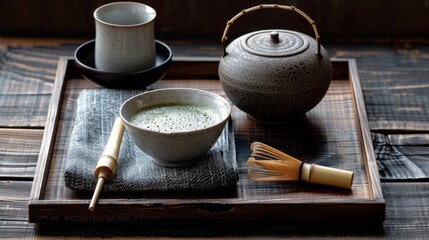 Serene matcha tea ceremony: A tranquil composition of traditional tools and earthy hues, creating a moment of zen and mindfulness.