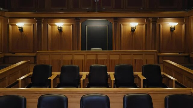 Empty jury box in courtroom awaiting trial proceedings