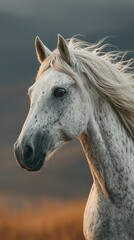 Majestic white horse with flowing mane against a dramatic backdrop at sunset