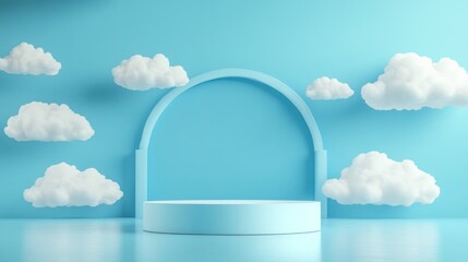 Light blue room with a round podium and archway, fluffy white clouds