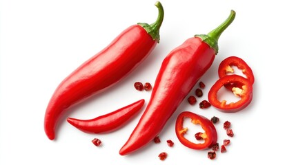 Two whole red chili peppers and slices, scattered red pepper flakes on white background