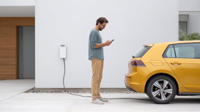 Homeowner charging an electric vehicle with a wallbox charger on a modern house, managing the process through a smartphone app and embracing sustainable energy solutions