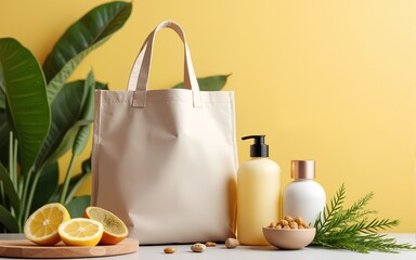 Eco-Friendly Lifestyle Concept with Reusable Bag and Natural Products. High quality