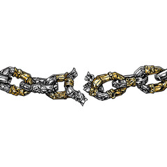 A broken chain, depicted in two colors