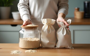 Hands organizing grains into glass jars with reusable cotton bags on a wooden table. A perfect scene of eco-conscious zero-waste lifestyle in a modern natural kitchen. High quality