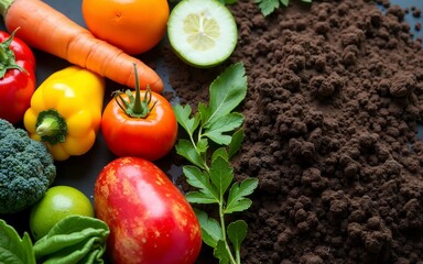 Flat-lay image of compost-ready food remnants transforming into nutrient-rich soil, embodying a zero-waste lifestyle focused on recycling organic kitchen waste. High quality