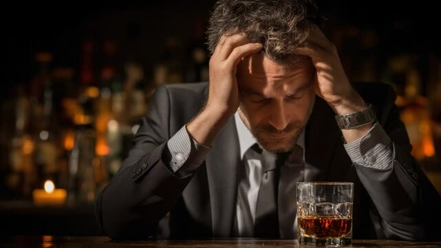 Despondent Evening: A man, etched with stress, sits dejected at a dimly lit bar, a glass of amber liquid reflecting his inner turmoil. This scene captures the raw emotion of weariness.