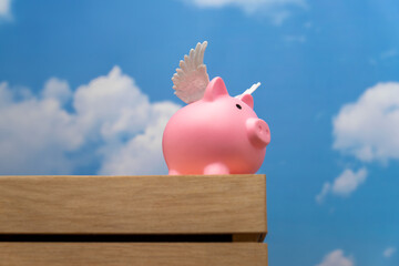 A pink pig with small white wings. Represents the idiom "when pigs fly," signifying something highly improbable or impossible.