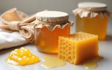 Sustainable and zero-waste lifestyle concept with handmade beeswax wraps, jars of local honey, and raw honeycomb. High quality
