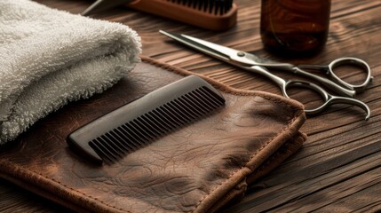 Barber tools arranged on rustic wooden surface showcase vintage grooming equipment with towel, scissors, and leather case creating salon vibe.