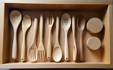 Wooden kitchen utensils and eco-friendly kitchen accessories in a drawer. High quality