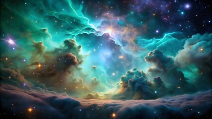 Fototapeta premium Photo of a vibrant and ethereal nebula glows with emerald, teal, and purple hues, dotted with countless sparkling stars, creating a breathtaking cosmic vista