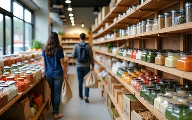 A zero-waste grocery store filled with bulk bins, glass containers, and shoppers using cloth bags. The scene highlights natural, plastic-free packaging and an emphasis on sustainable consumption.