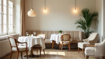 Fototapeta premium Sunlit Elegant Dining Room with Neutral Decor and Comfortable Seating