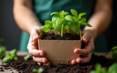 Hands planting herb seedling in biodegradable box on dark background, eco-conscious gardening concept highlighting sustainable farming, organic homegrown herbs, zero-waste lifestyle. High quality