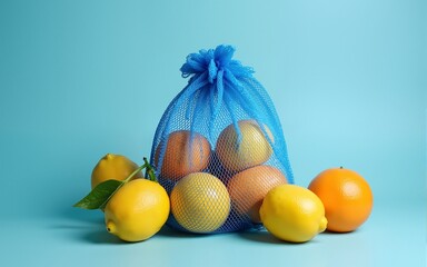 Blue mesh bag with fresh citruses. High quality