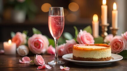 Naklejka premium Romantic Evening A Delicate Cheesecake and Sparkling Ros? Beside Soft Pink Roses and Candles on a Rustic Wooden Table