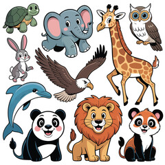 Collection of cute cartoon animals including a dolphin elephant lion giraffe panda eagle owl and turtle vector transparent png .eps