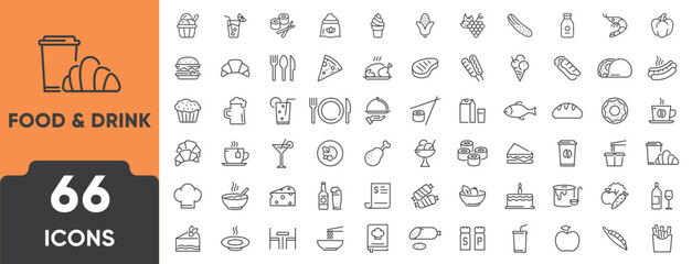 Food and Drink Line Icon Set. Set of 66 outline icons including meal, beverage, fruits, fast food, utensils, cooking, and cafe items. Editable stroke. Linear vector illustration.
