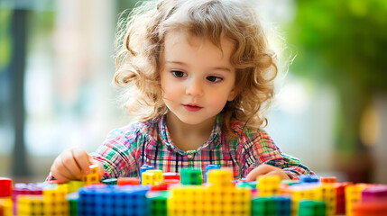 A cute toddler girl playing with colorful building blocks. Early childhood development.