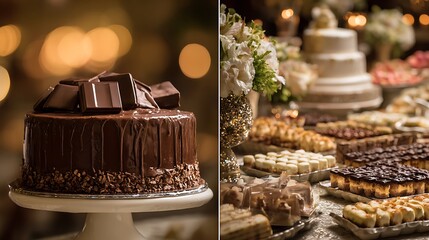 Chocolate cake on left, dessert table blurred, right side for logo 