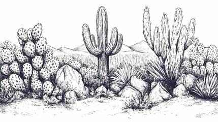 Desert landscape with cacti and rocks, hand-drawn style.