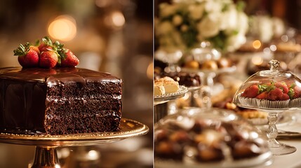 Chocolate cake on left, dessert table blurred, right side for logo 
